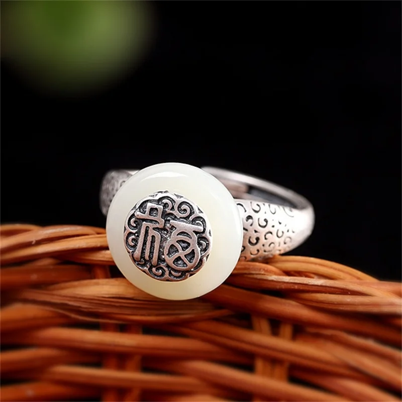 

Ethnic Style Jade Safety Buckle Ring Women jewelry Blessing Auspicious Clouds Fu Ring Female Index Finger Accessories Adjustable