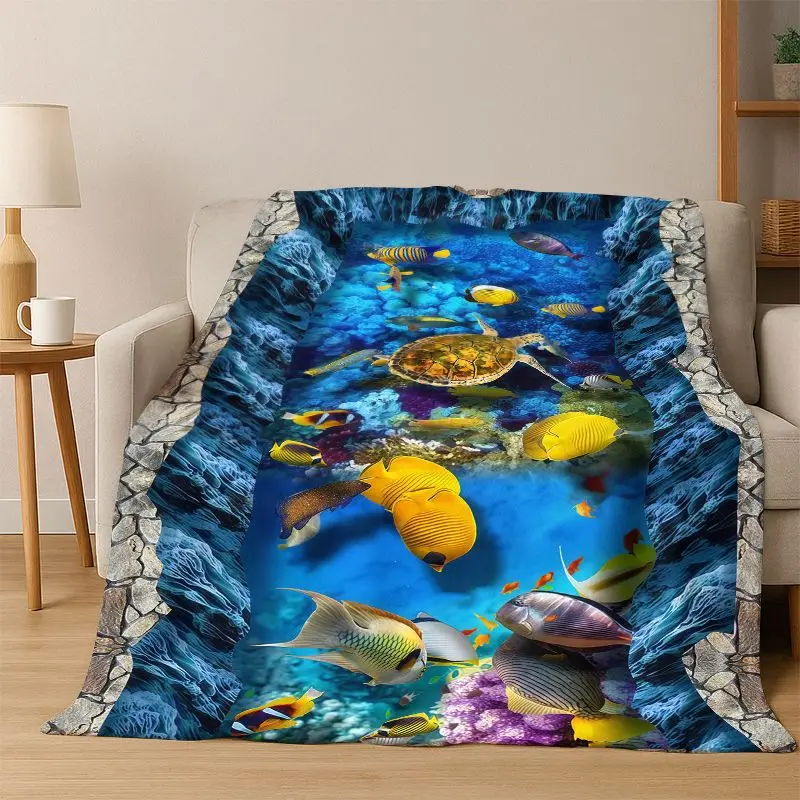 3D Illusion Underwater World Marine Life Shark Dolphin Cartoon Flannel Blanket Throw Blanket for Bedroom Living Room Bed Travel