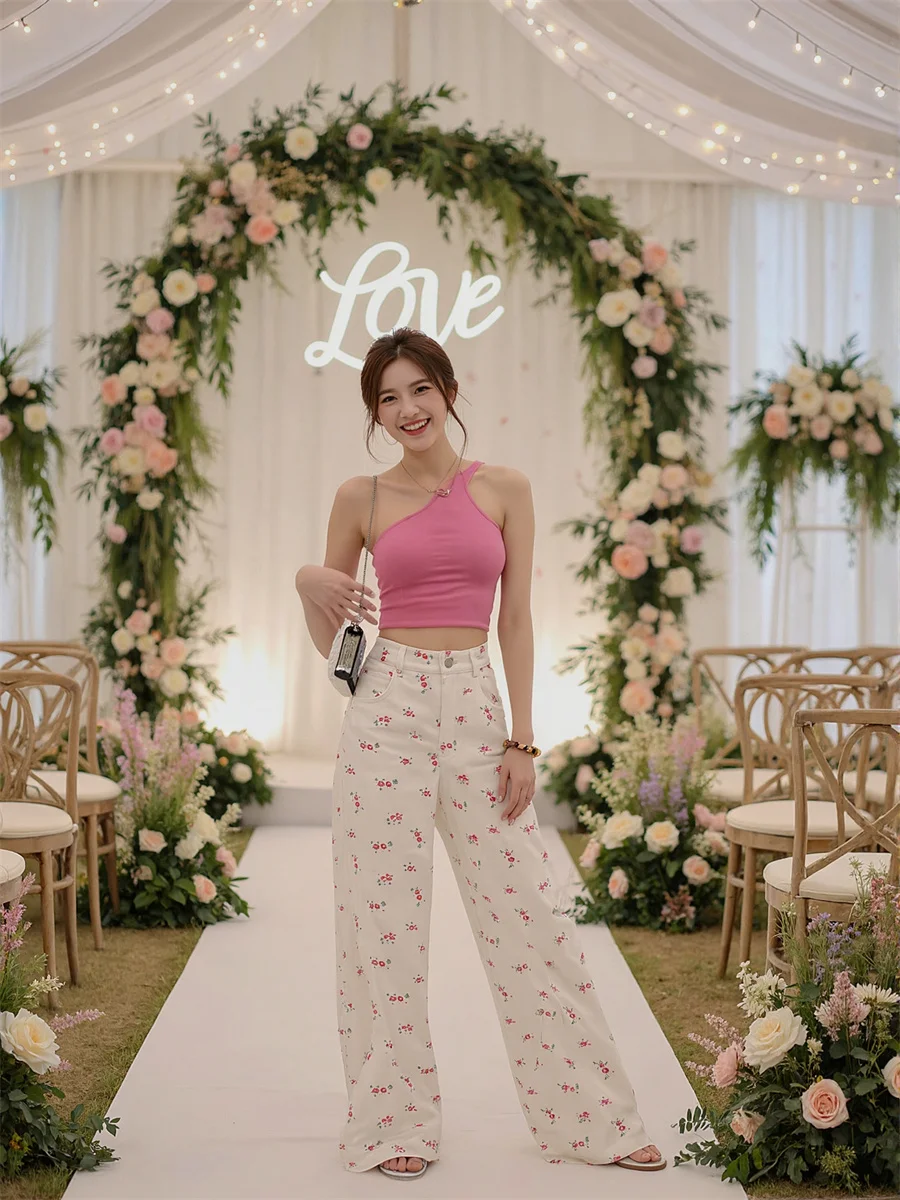 Sweet Floral High Waist Jeans Baggy For Woman Denim Pants Women Clothes Summer Lightweight Bootcut Beachwear Holiday Vacation BF