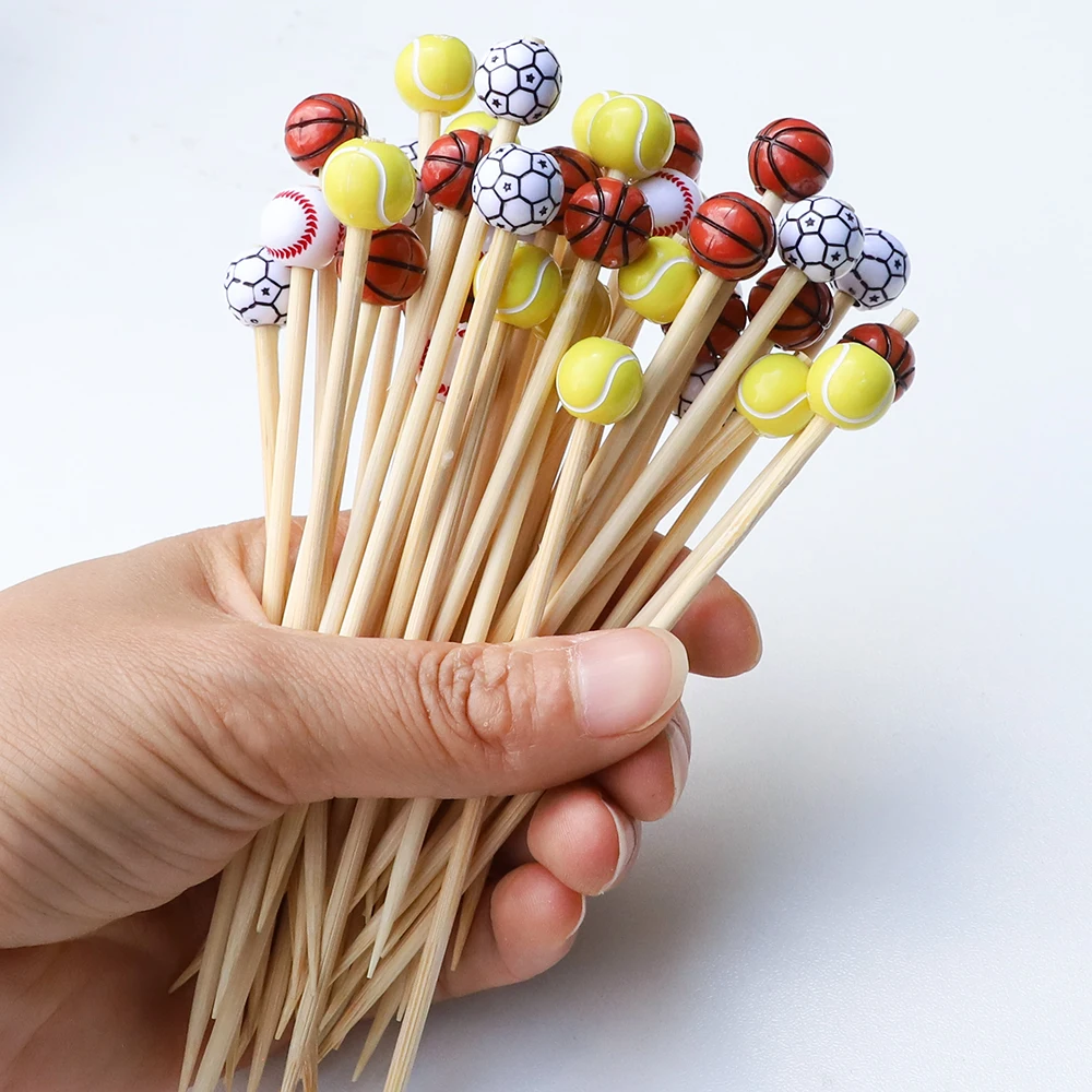 50Pc Football Disposable Bamboo Fruit Forks Basketball Baseball Tennis Cake Food Pick for Sports Theme Birthday Party Decoration