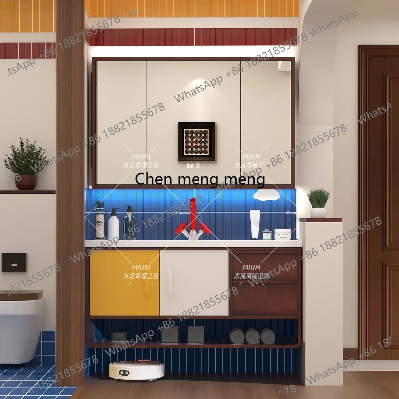 Combinación de Mueble de Baño con Lavabo Integrado de Cerámica, Estilo Bauhaus, Mueble de Baño Mediano en Roble Antiguo