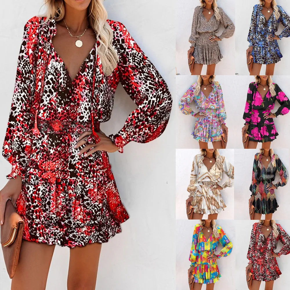 2024 Summer Fashionable Sexg Dresses Digital Print Leopard Print Blouse Chest Pleated V-Neck Long Sleeve Casual  Women Skirt