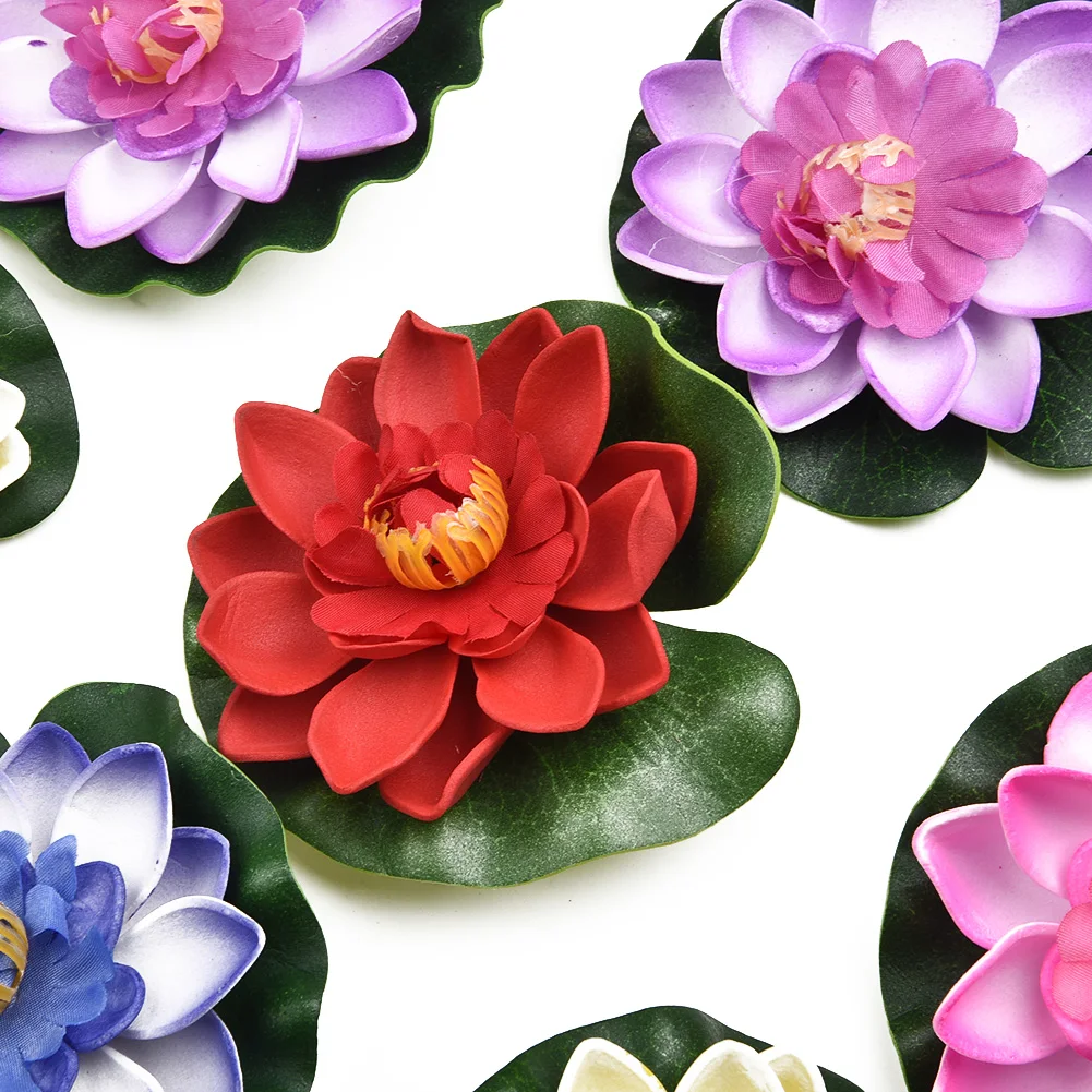 10pcs Colorful Artificial Floating Water Lily Fake EVA Lotus-Leaf Flowers Water Lily Pond Plants Gardens Home Fish Tank Decor