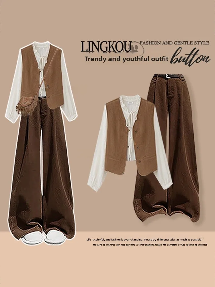 

plus Size Spring Autumn Vintage Mixed Set Women's Unique Vest Shirt Slimming Casual Pants Three-piece Set High Waist Long Pants