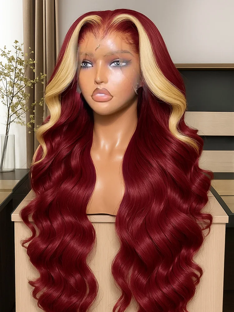 

Burgundy 99J 613 Blonde Highlighted Wig Body Wave Brazilian Human Hair 30 Inch 13x4 HD Transparent Lace Frontal Wig For Women