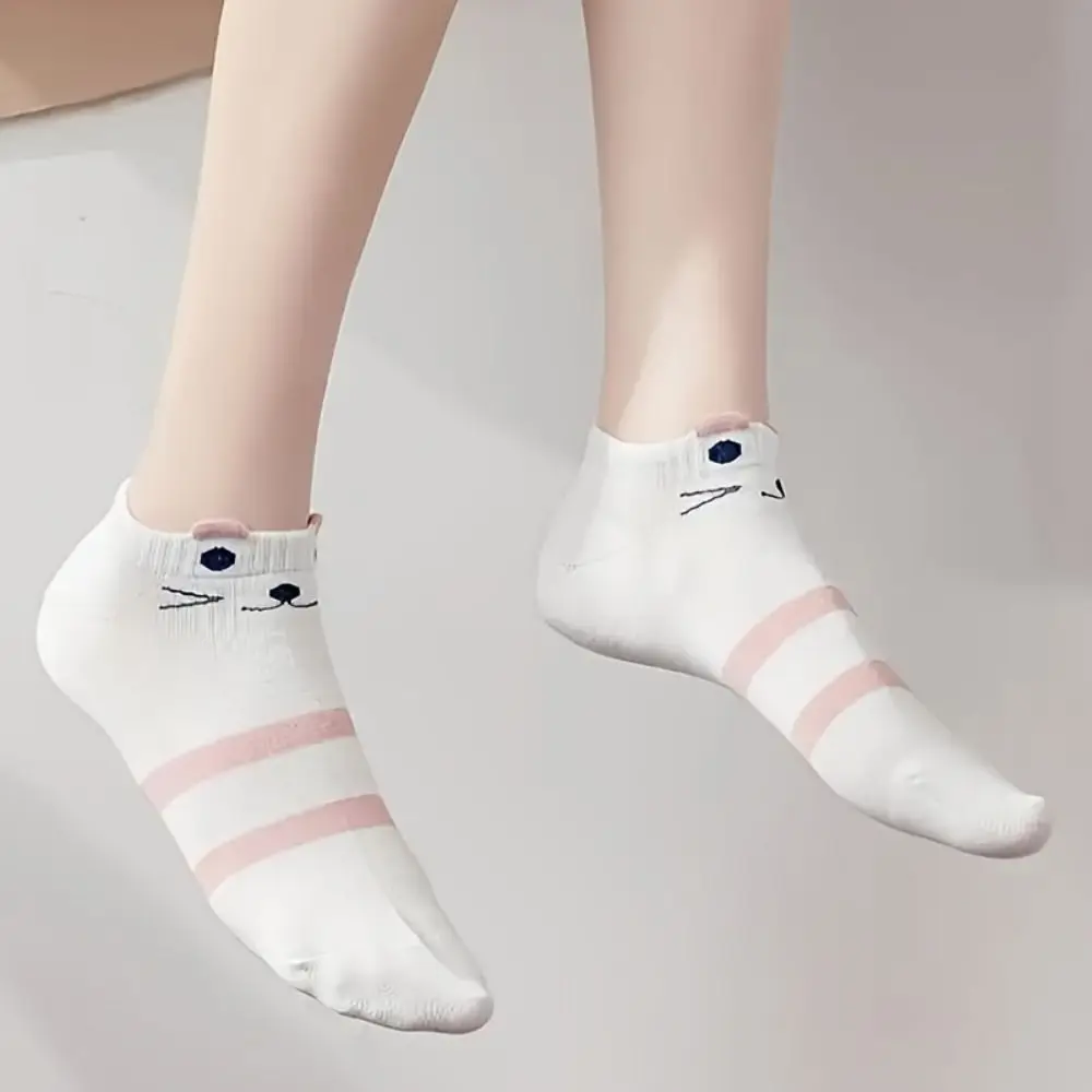 5 Pairs Summer Cartoon Cat Print Socks Thin Stripe Mid-tube Socks Speckle Soft Low Cut Ankle Socks Outdoor image 5