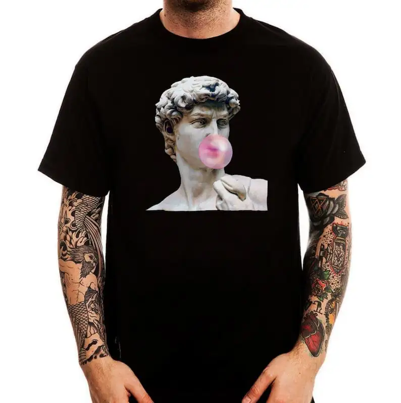 Bubble Gum Statue Men's T-shirt, Vaporwave Aesthetics T-shirt, Cotton Trendy Printed Black Top Tee