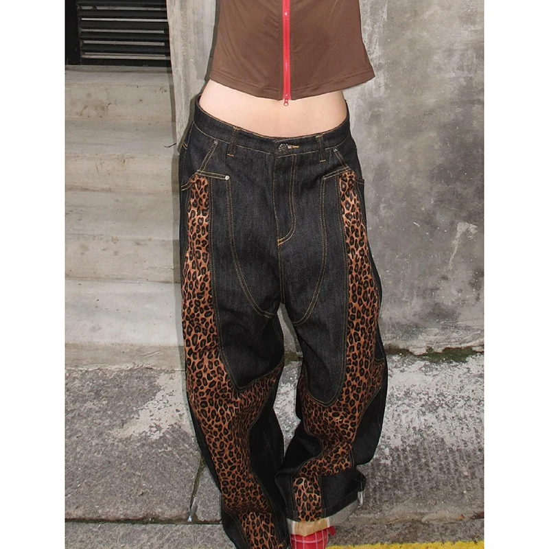 

Y2k женские черные леопардовые мешковатые джинсы Harajuku винтажные широкие джинсовые брюки эстетический стиль 90-х годов большие джинсы-бойфренды брюки