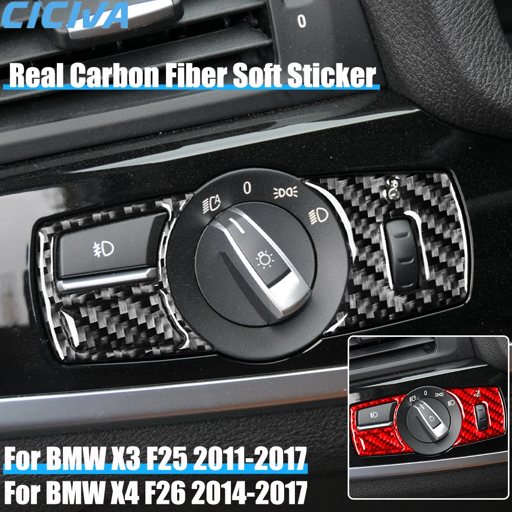 

Real Carbon Fiber Car Accessories Headlight Switch Panel Decorative Cover Soft Sticker For BMW X3 F25 2011-2017 X4 F26 2014-2017