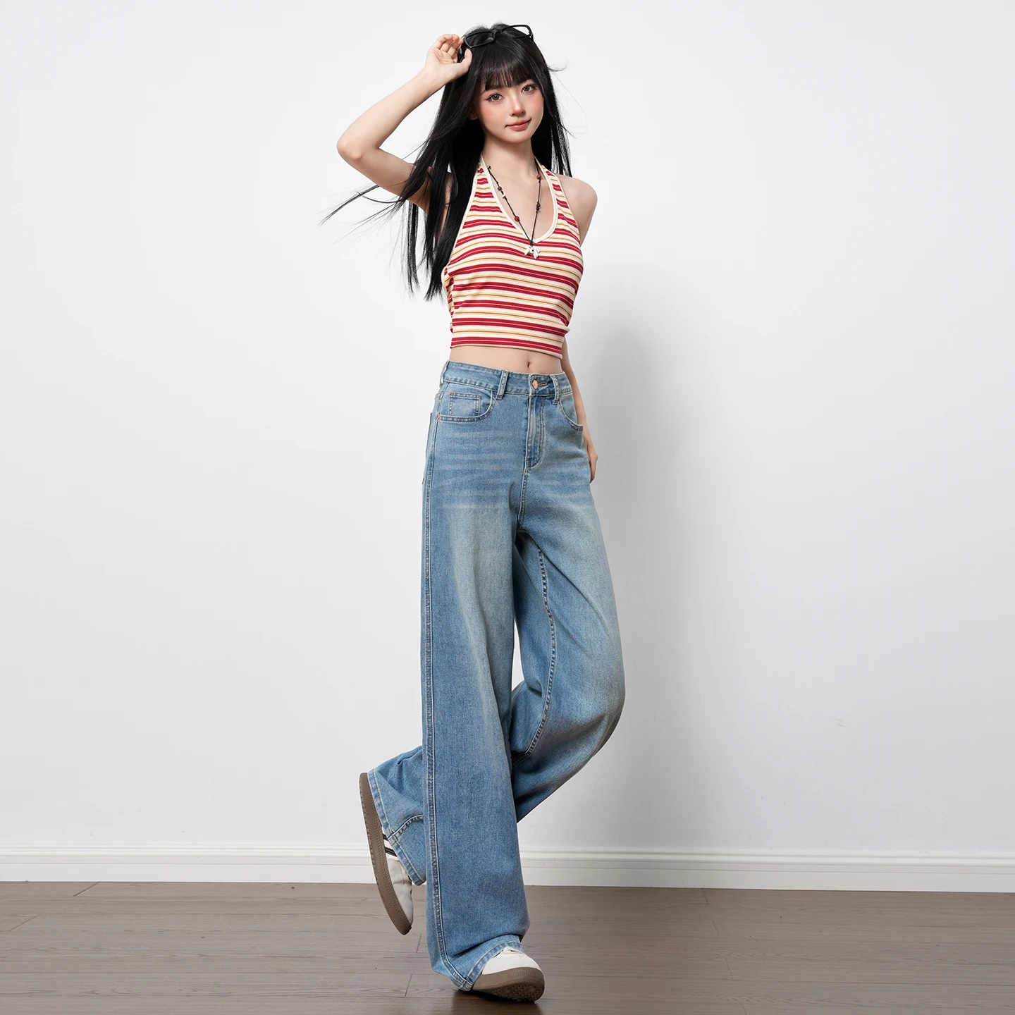 American Casual 2026 New Light Wash Stretch Straight Jeans High Rise Loose Non Stick Leg Wide Floor Women Street Outfit Pants view 3