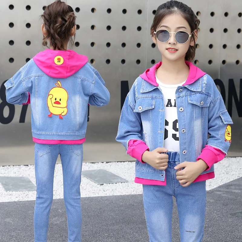 Spring 4-14T Girls Clothing Set Clothes 2023 New Fashion Hooded Patchwork 2pc And 3PCS Suits Long Sleeve High Quality