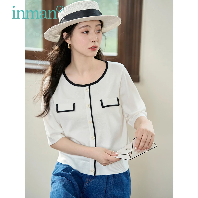 

INMAN Women Knitwear 2023 Summer Short Sleeves Round Neck Loose T-shirt Classic Contrasting Stripes Elegant White Pink Tops