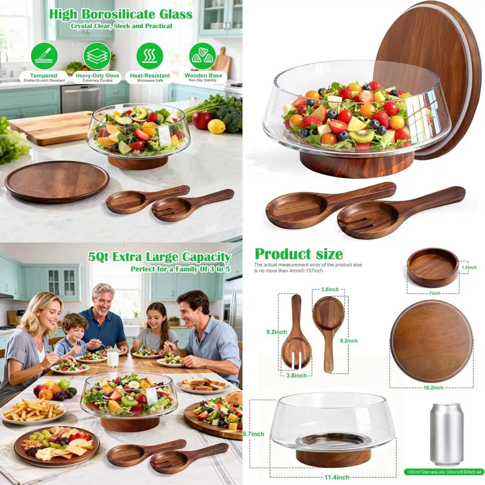 

5-Quart Large Glass Salad Bowl Set with Lid, Wooden Base & Servers for Mixing, Serving, Parties & Holidays