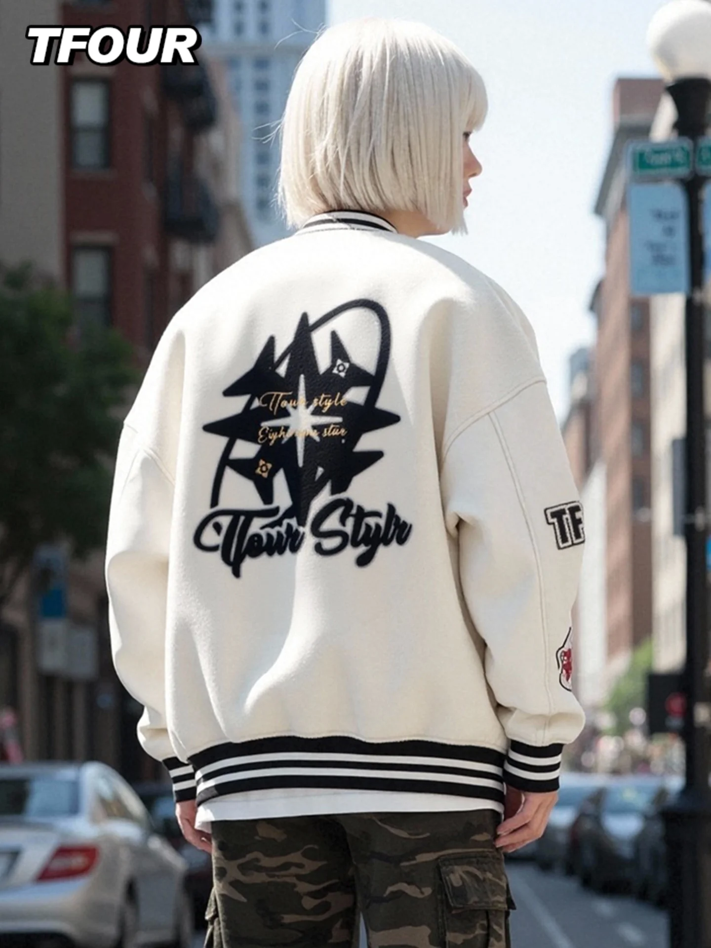 

Бейсбольная куртка Tfour Eight-Pointed Star, коллекция Весна-Осень 2026, с воротником-стойкой, вышивкой, унисекс, модный бренд, свободный крой, американский стиль