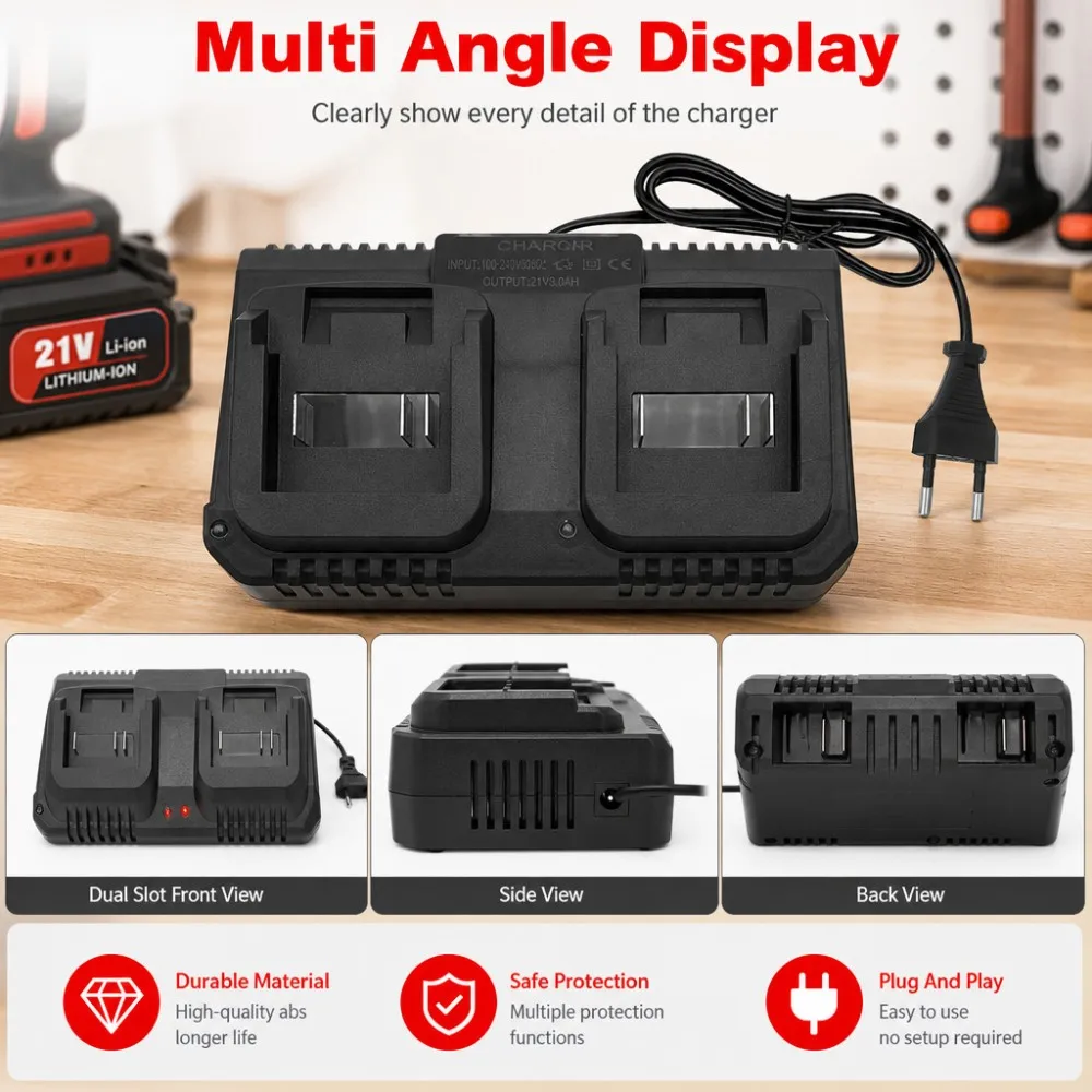 Dual Slot Charger 18V 21V Li-ion Battery Charger for Makita BL1415 BL1815 BL1830 BL1850 Electric Drill Power Tools EU US Plug view 4