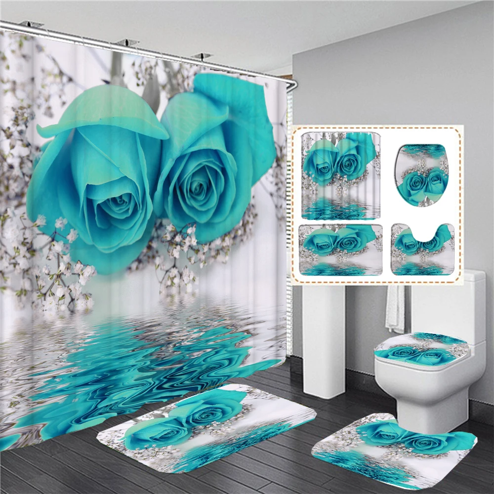 

Waterproof Bathroom Shower Curtain Rose Flower Bath Curtain Sets Toilet Cover Non-Slip Mat Rug Carpet Set Home Decor Accessories