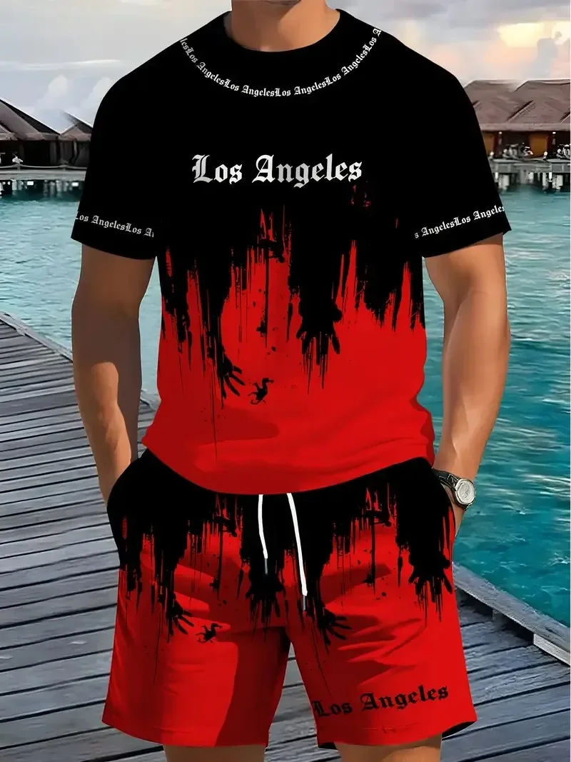 2025 3D Gradient Printed Sports Fashion Short Sleeved Two-piece Set Summer New Men's Shorts T-shirt Set