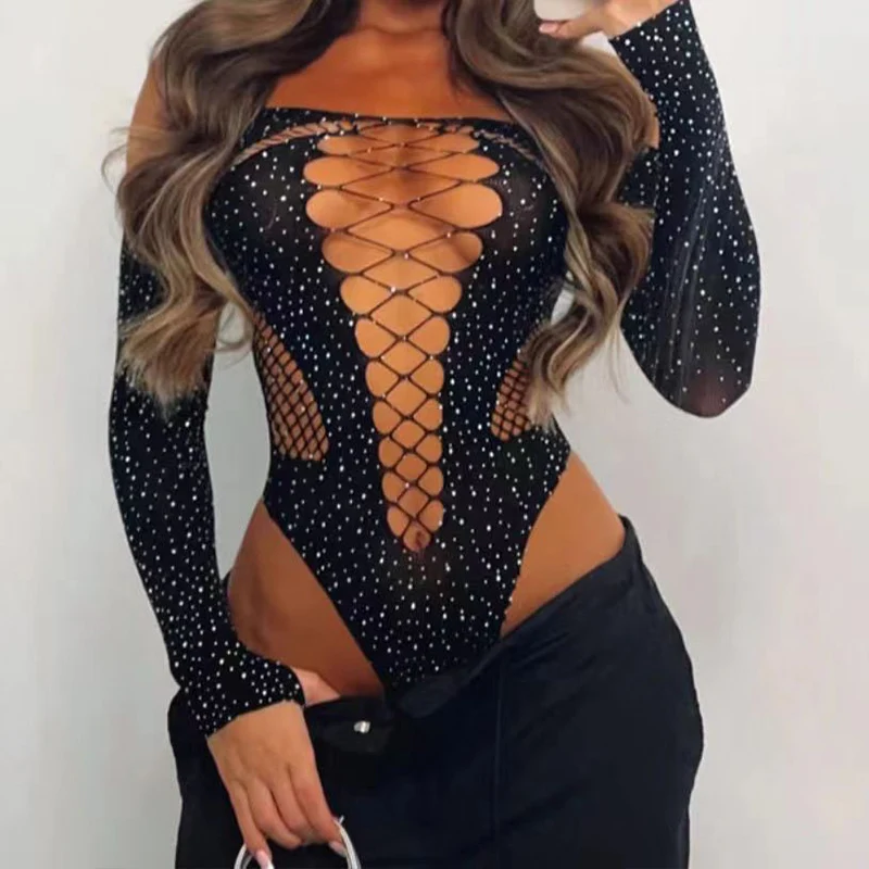 Fashion Exotic Transparent Women Long Sleeved Hollow One-piece Bodysuit Sexy Lingerie Backless Fishnet Rhinestone Erotic Costume