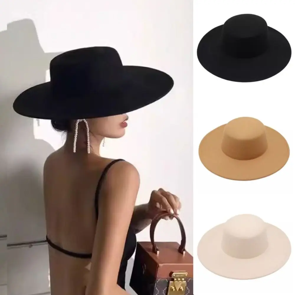 New Women Elegant Flatcap Wide Brim Felt Hat Flat-top Panama Retro Church Derby Hat French Hepburn Style Dame Hat