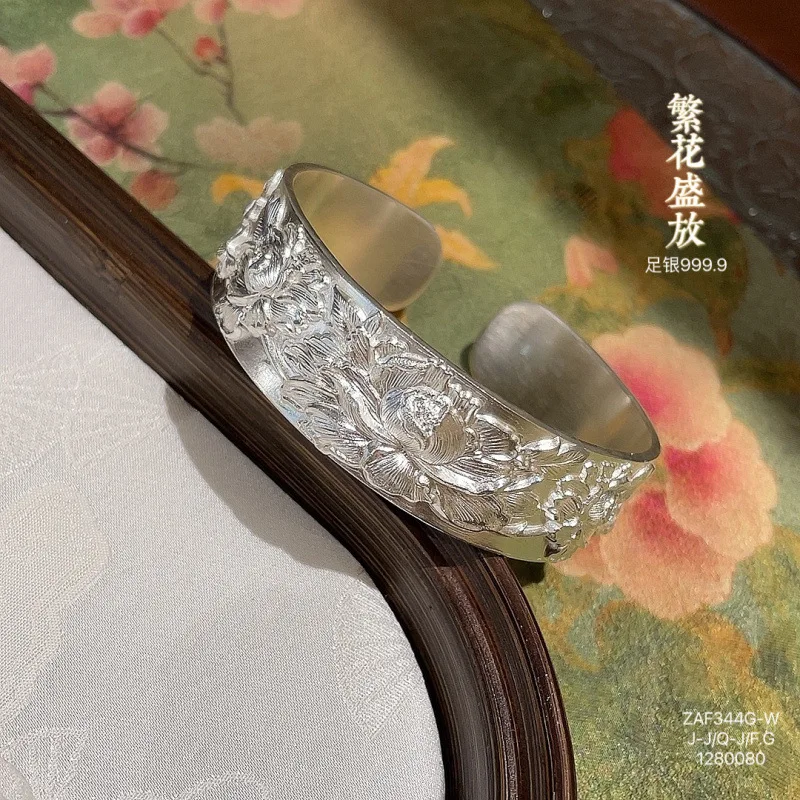 999.9 Peony Flower Bracelet Women Solid Open Wide New Style Miao Silver Bangle