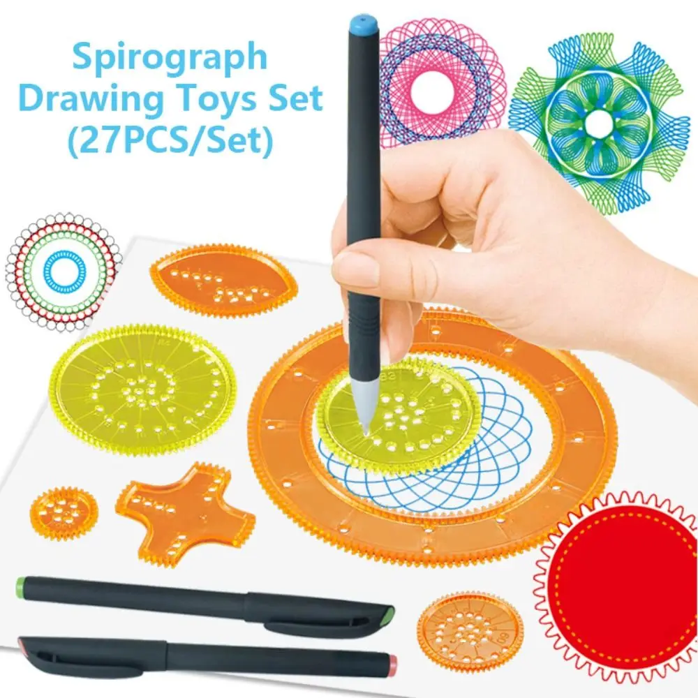 

27PCS Plastic Spirograph Interlocking Gears Wheels 27PCS Drawing Toys Set Special Shaped Stationery Drawing Ruler Students