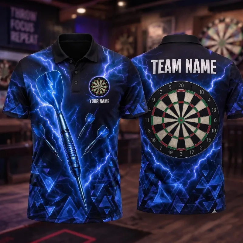 Men's Custom Darts Polo Shirt Lightning Dartboard Print Short Sleeve Personalized Name Team Uniform