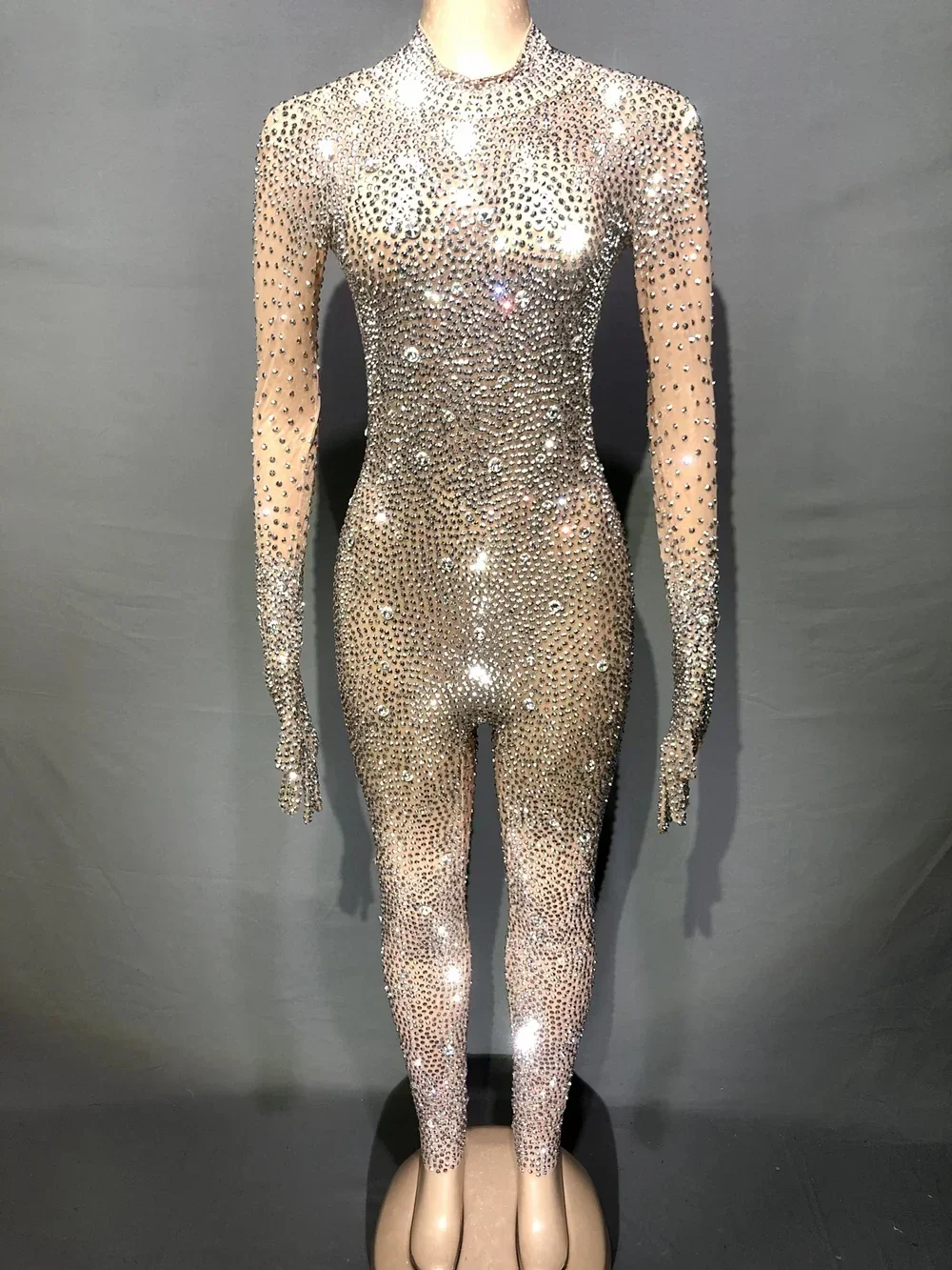 Mono de lujo con diamantes de imitación para mujer, traje Sexy con guantes para fiesta de noche y cumpleaños, traje de baile para actuación de malla, ropa de escenario