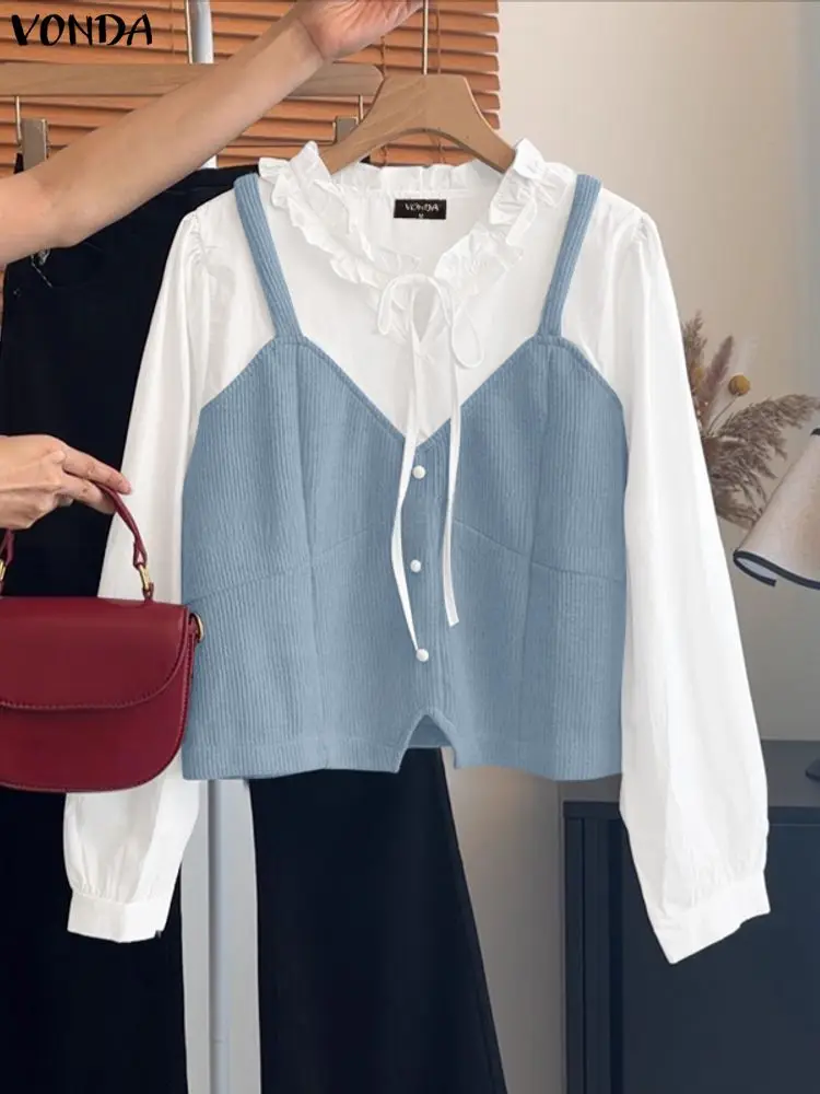 VONDA Fashion Blouse Women Long Sleeve Color Patchwork Tunic Tops Autumn Spring Bandage Casual Loose Shirts Blusas Femininas