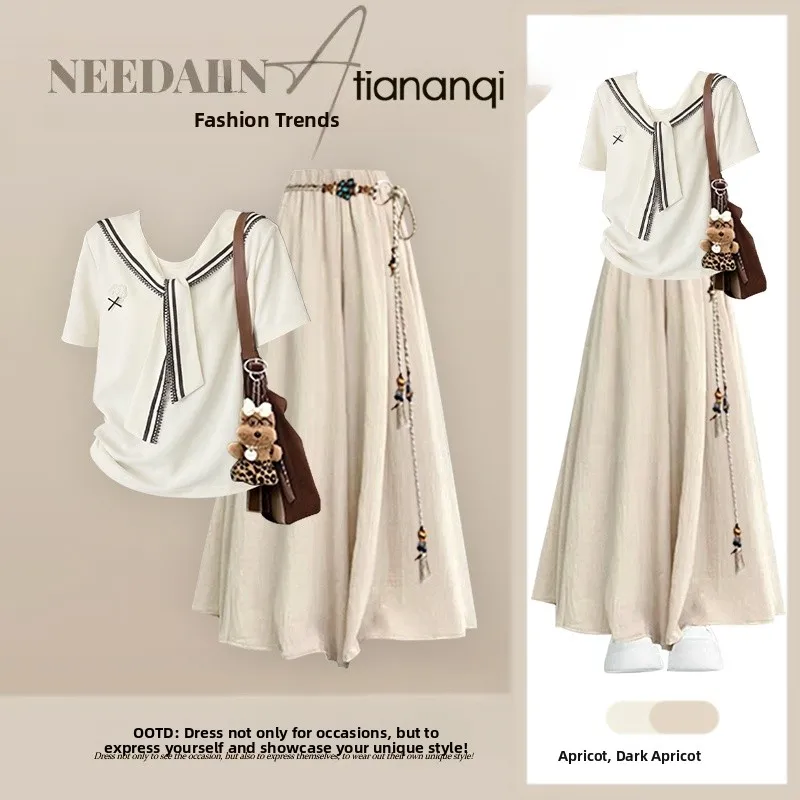 

Summer New Design Casual College Style Loose Navy Collar Top And High Waist Slimming Skirt Pants Two Piece Set Women's Fashion