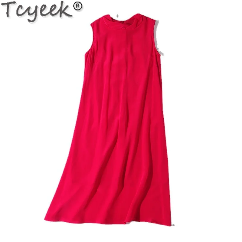 Tcyeek 100% abito longuette in vera seta di gelso 2024 abito donna Chic ed elegante abiti rossi senza maniche per abiti estivi da donna