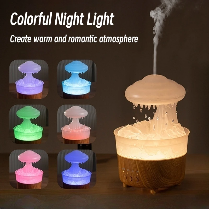 USB Rain Air Humidifier Electric Aroma Diffuser Rain Cloud Smell Desktop Relax Water Drops Sounds Colorful Night Light Household