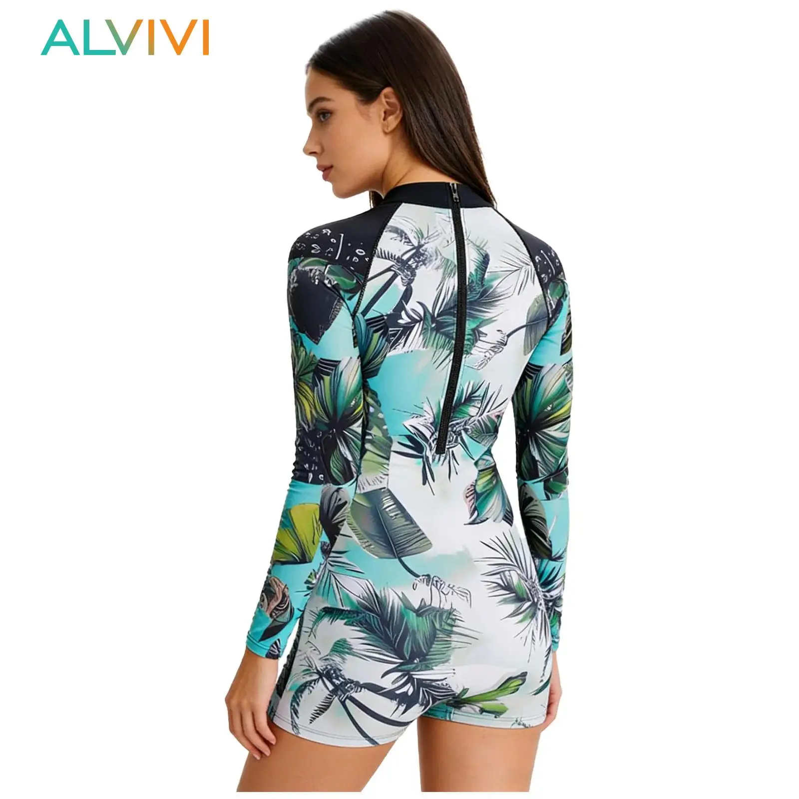

Womens Long Sleeve Rash Guard Swimsuit One Piece Printed Swimwear Sun-protection Back Zip Jumpsuit Surfing And Diving Suit