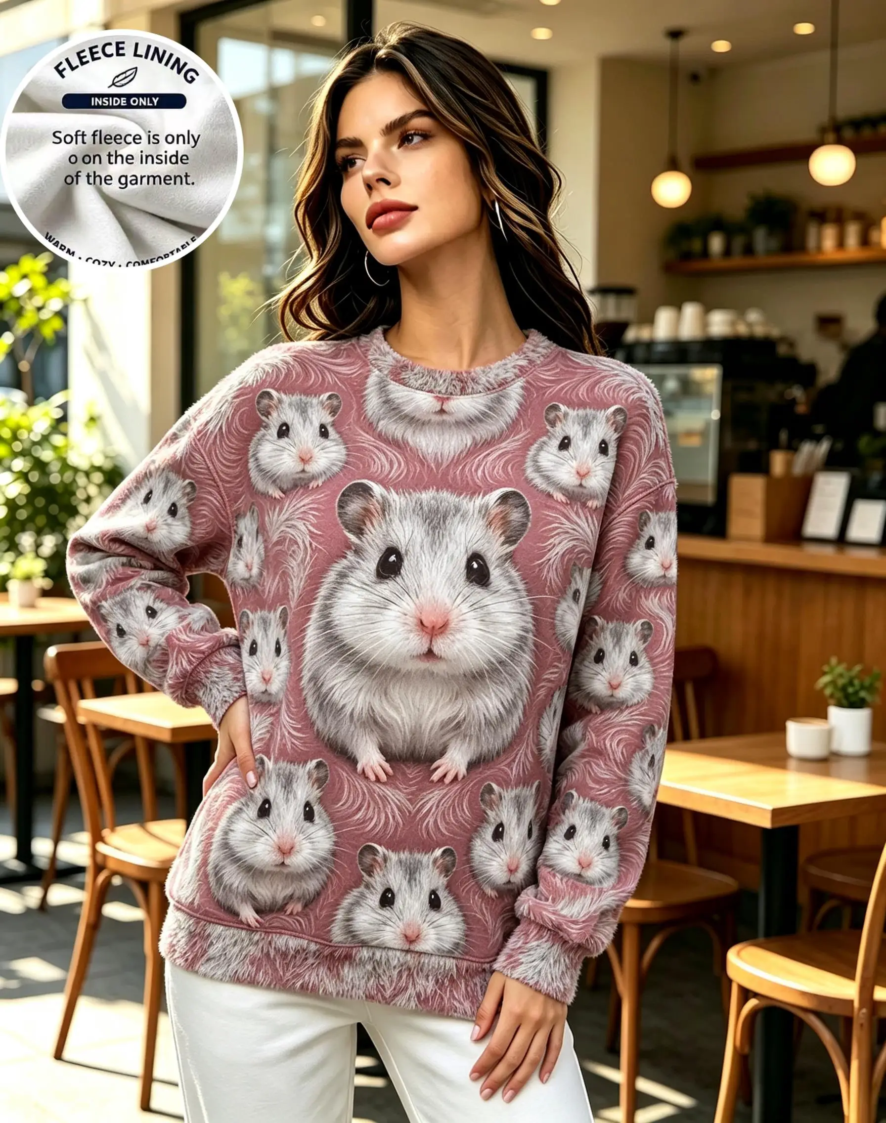 Women Crew Neck Sweatshirt Fleece Lined Cute Hamster Full Print Faux Fur Texture Long Sleeve Loose Casual Pullover Tops