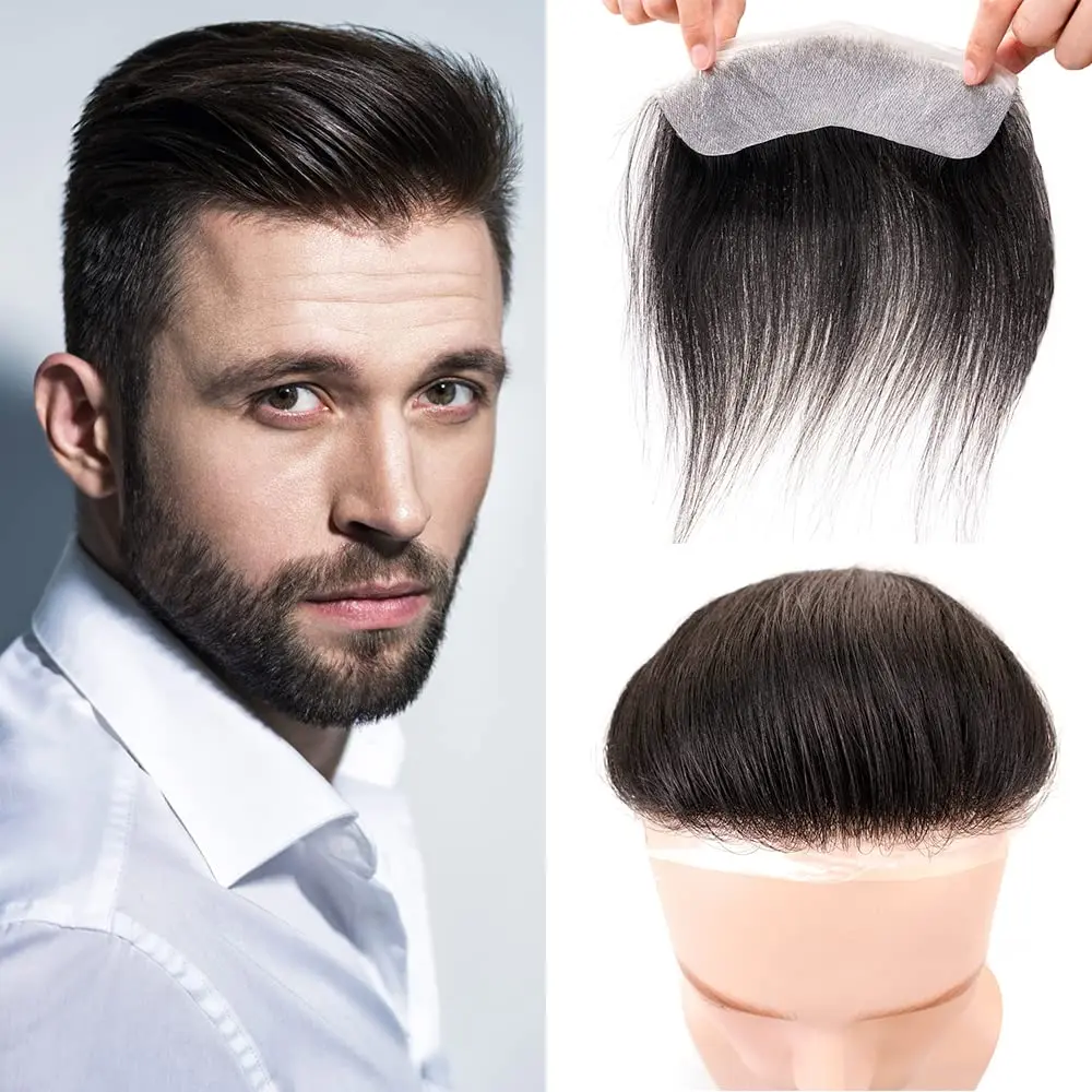 남성용 헤어라인 Toupee 정면 헤어피스, 100% 인모 시스템, V자형 헤어라인 교체 시스템, 자연스러운 검은 머리