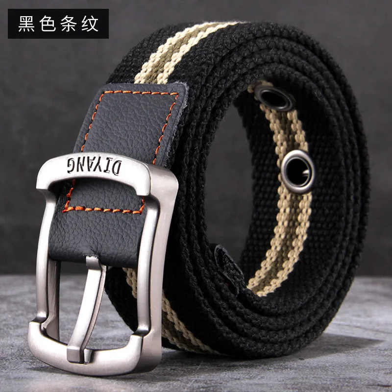 New Men Light Duty Striped Canvas Belt Polished Metal Pin Buckle Stitched Leather Edge Multi Hole Design Fashion Decor Strap