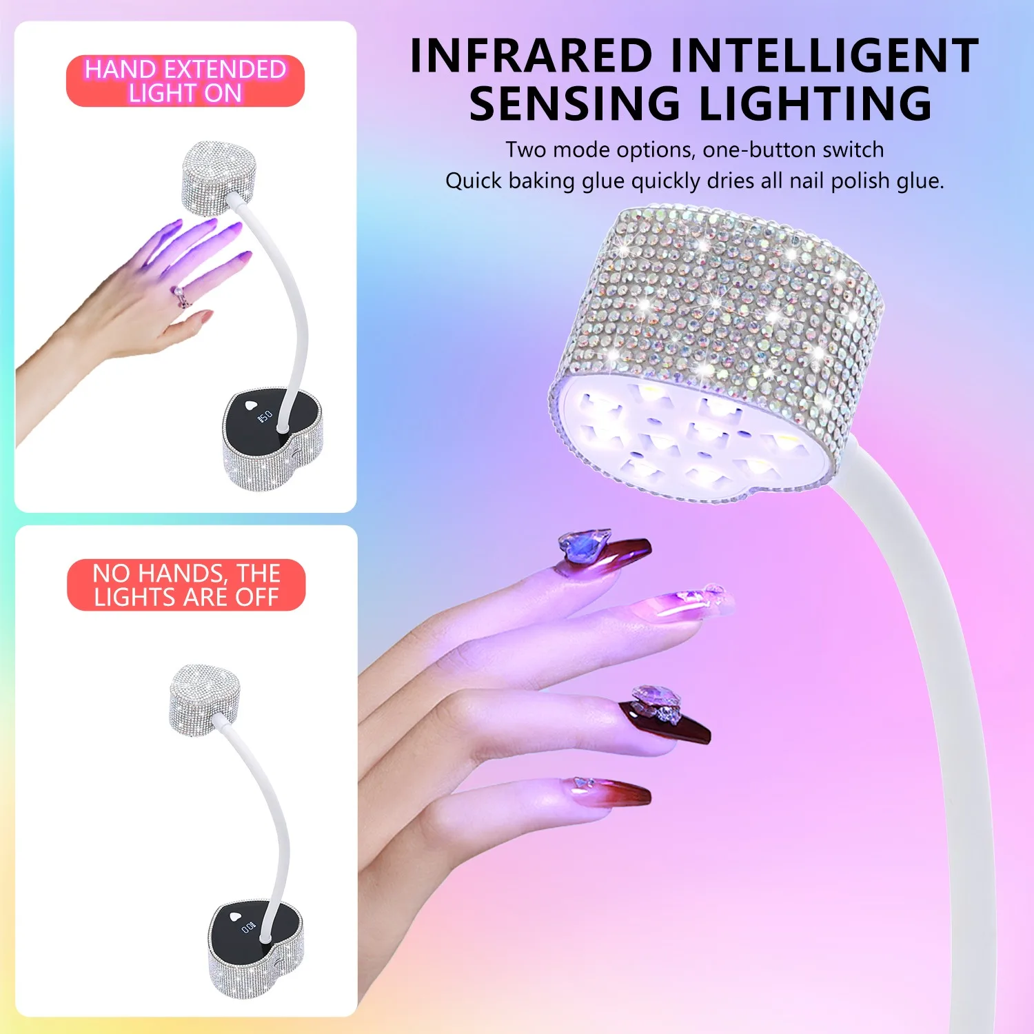 مصباح أظافر احترافي LED ذو 3 أوضاع لديه تحريض خاص به، وهو يمكن توسيعه بزاوية 360 درجة مع مثقاب لتجفيف أظافر بوليس بسرعة