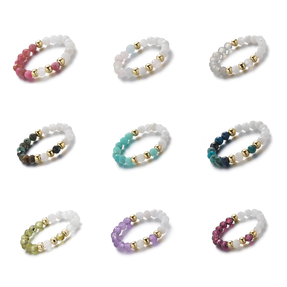 Venta al por mayor, Peridoto facetado redondo de 3mm, piedra lunar granate, amatista, cuentas de piedra Natural, anillos estirables, joyería para mujer