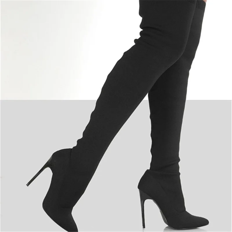 Large size women's elastic boots retro women's autumn and winter slim heel high-heeled knitted tube knee high boots