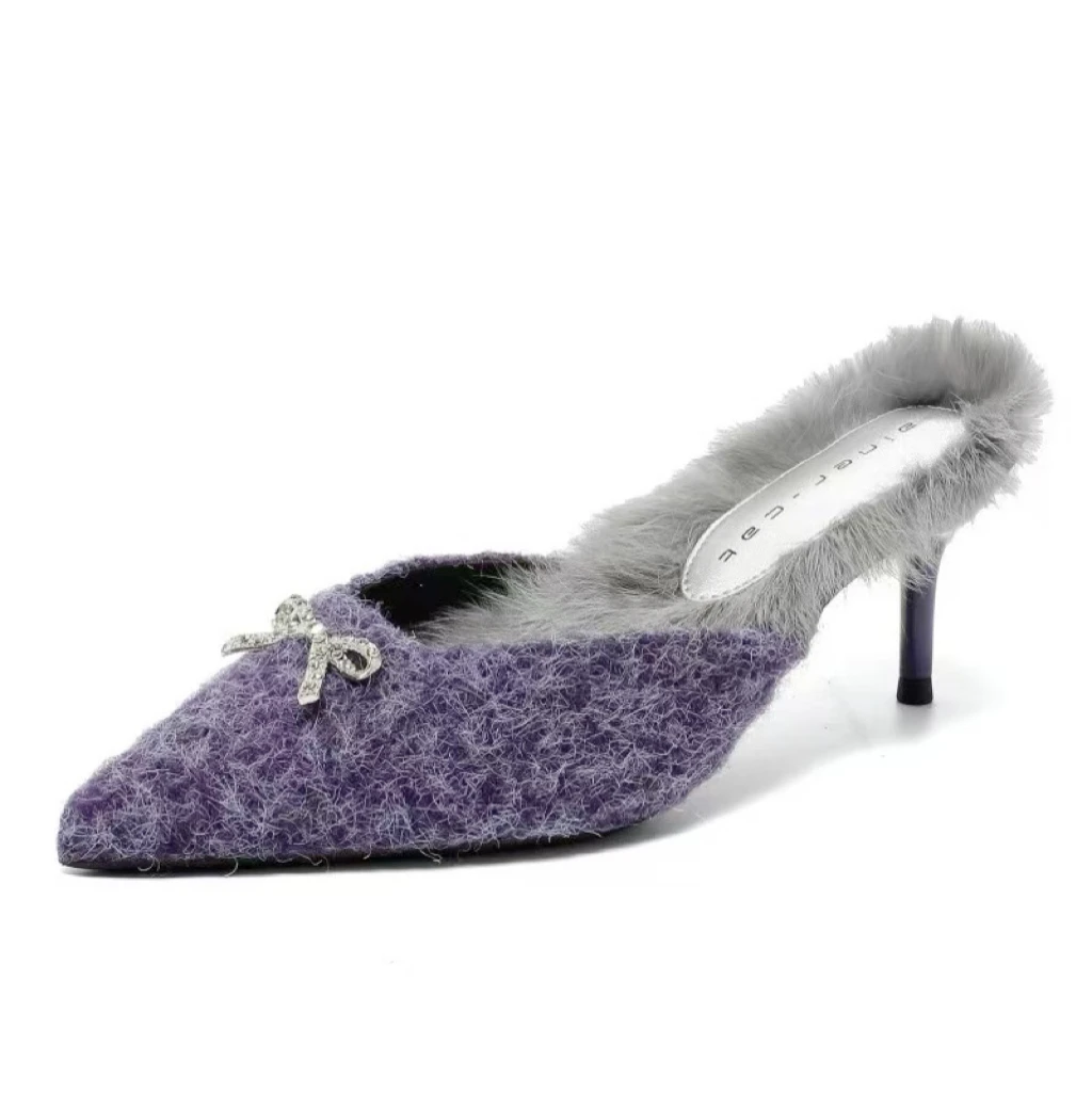 

Bloomsteps [Fashionable and Elegant] Pointed-Toe Stiletto Mules with Suede Trim, Bow and Rhinestone Decoration, Women's