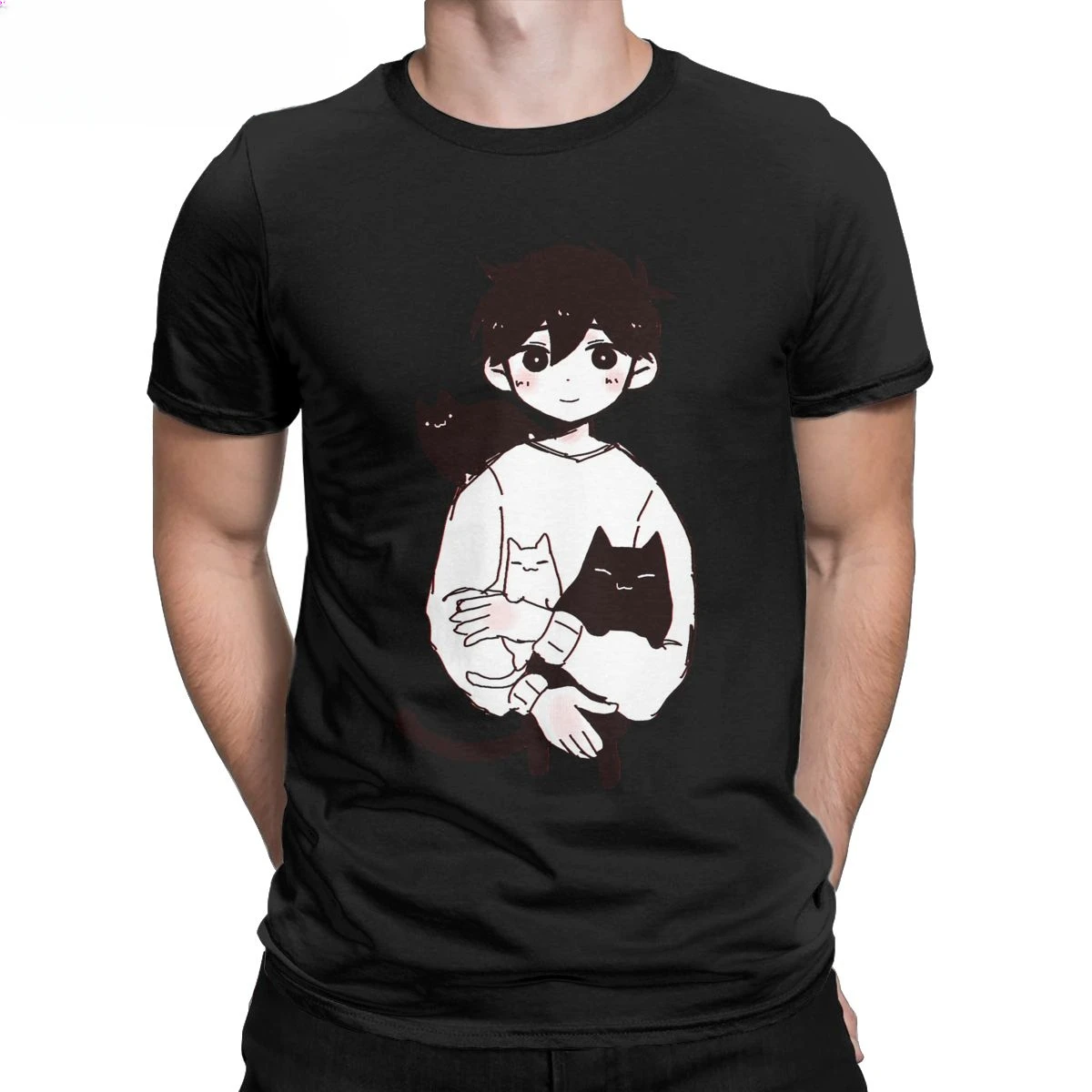 Omori Sunny And Mewo Cat Men T Shirt Cartoon Anime Game Funny Tees Short Sleeve Round Neck T-Shirts Cotton Graphic Tops Informal