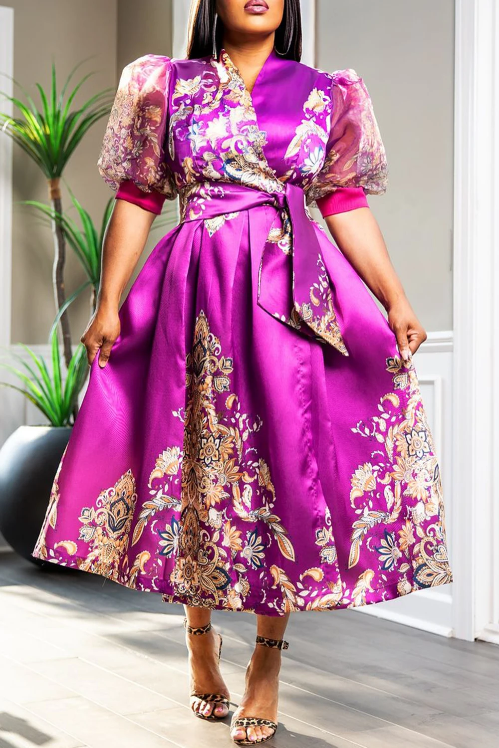 Plus Size Business Casual Purple Floral Wrap Neck Puff Sleeve Half Sleeve See Through Wrap Satin Midi Dresses