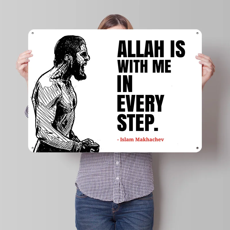 Islam Makhachev: Allah Is With Me Personalized 3D Textured Metal Poster Wall Art Tinplate Sign for Decor Living Room Wand Deko