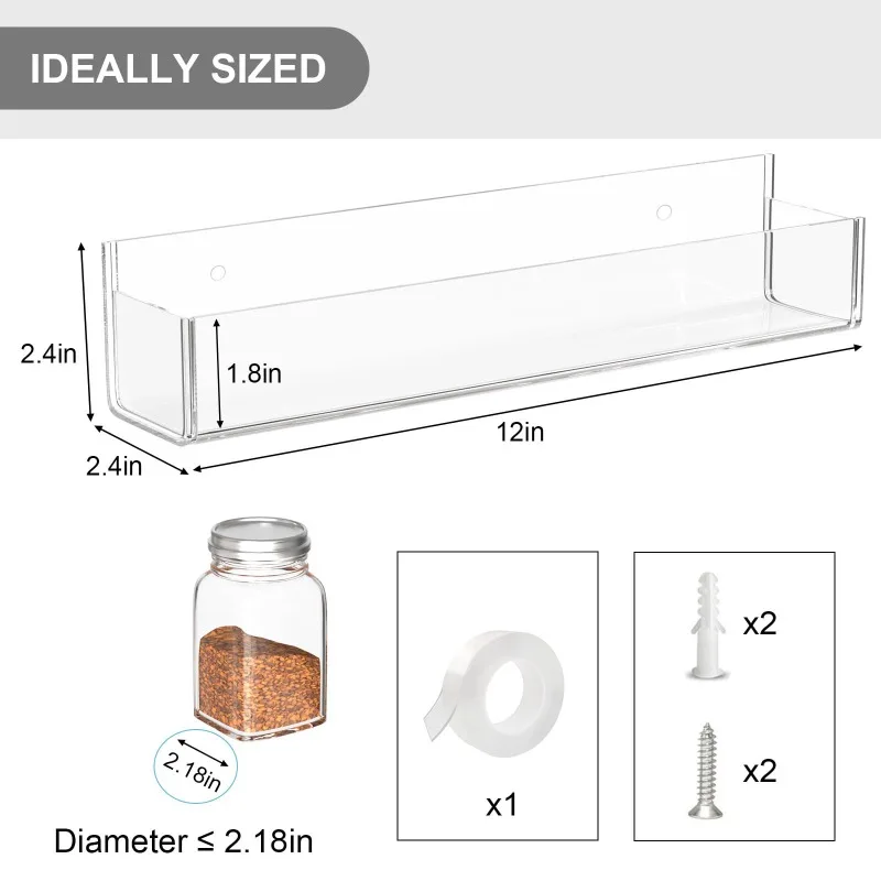 Adhesive Acrylic Double-Sided Tape Spice Rack Organizer Wall Mount for Kitchen Cabinets & Pantry Doors (Clear 4-Pack)