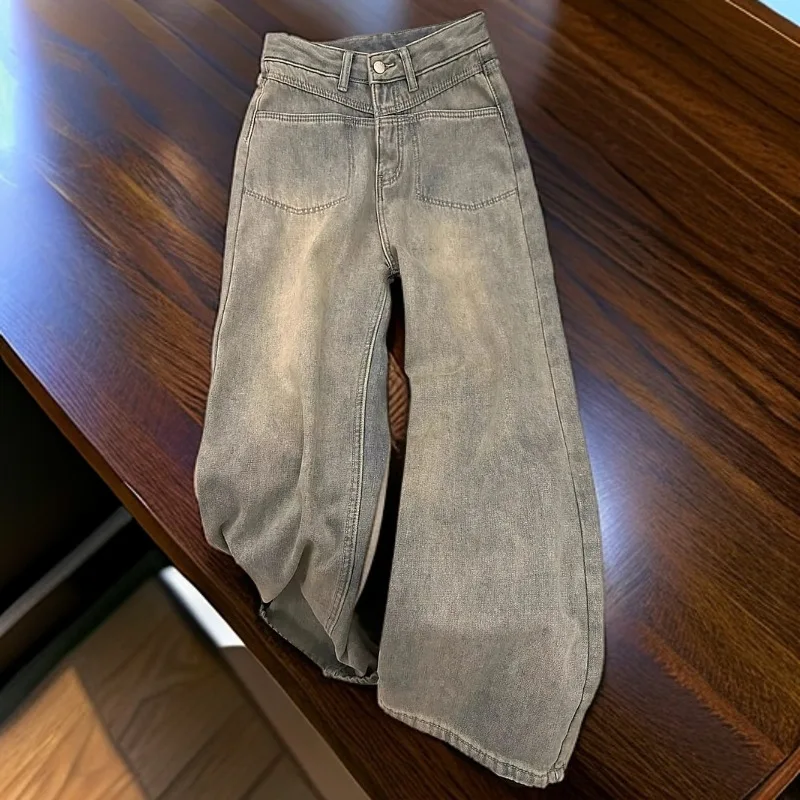 Damskie aksamitne jeansy proste na jesień w stylu retro z wysokim stanem, podwójnymi kieszeniami, grube spodnie, ciepłe damskie szerokie spodnie jeansowe.