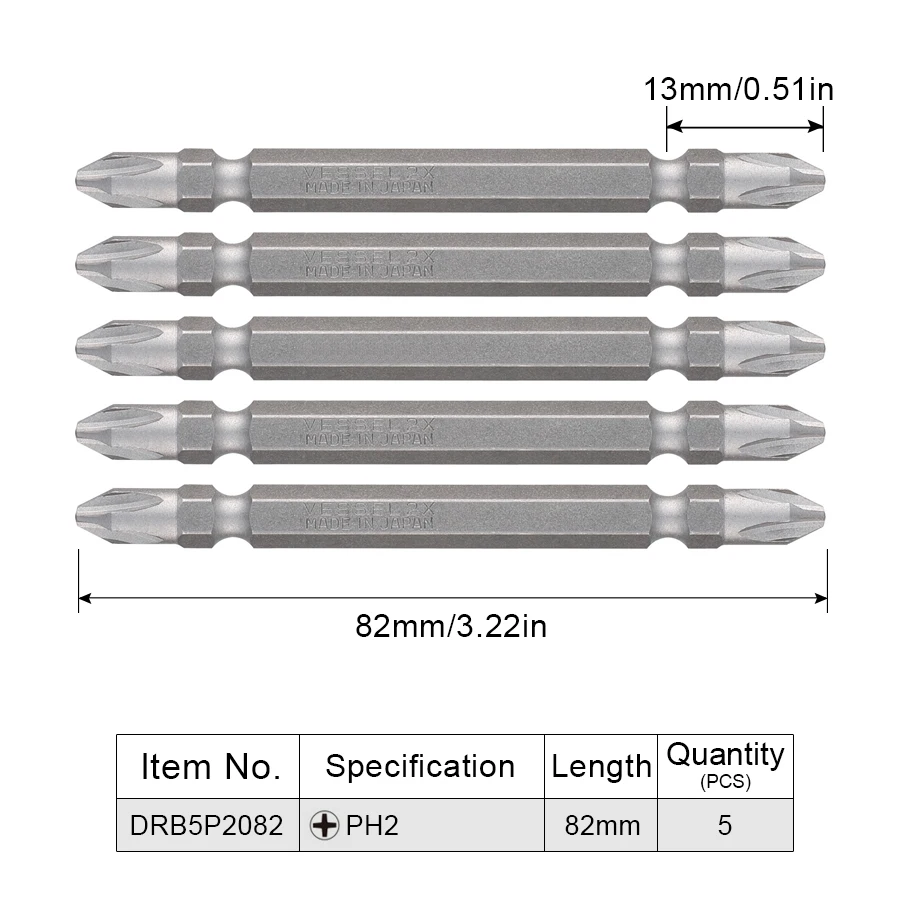 

VESSEL 5PCS 82mm PH2 Double-Head Screwdriver Bit Set Phillips Screws Drill Bit Hand Tools Accessories NO.DRB5P2082