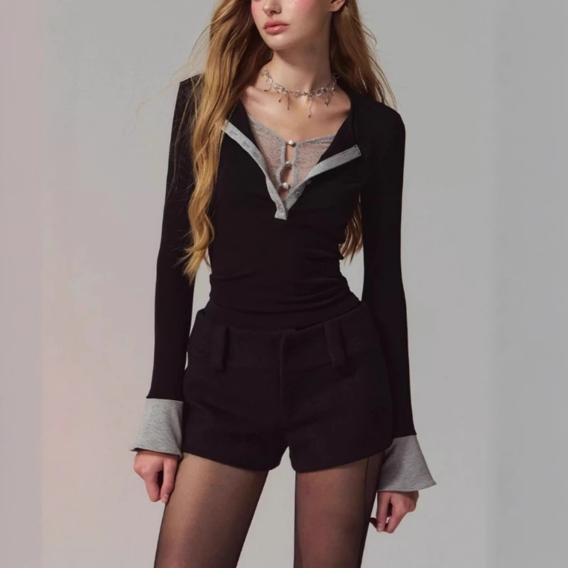 

Design Sense Lace Fake Two-piece Splicing Slim Fit Layered Layered Long Sleeved T-shirt