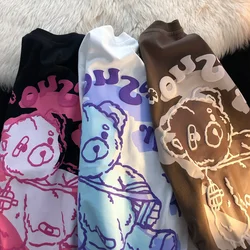 女性のための大きなクマのTシャツ,アメリカンスタイル,レトロ,半袖,トレンディ,漫画の落書き,大きなグラフィックトップ,特大のシャツ