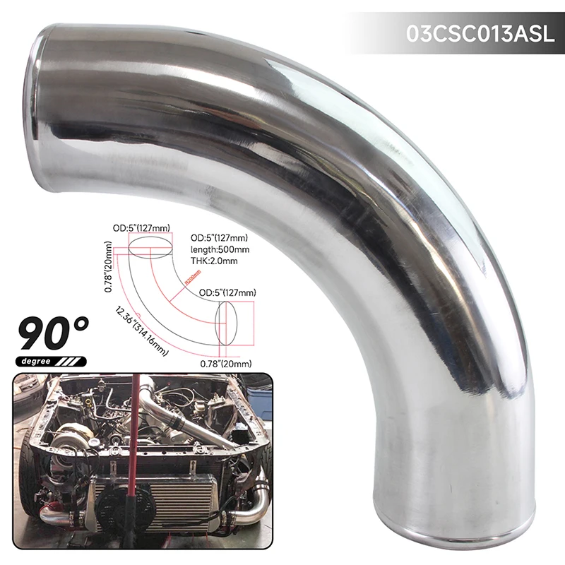 

Silver 127mm/5 inch Aluminum 90 Degree Intercooler Intake Turbo Pipe Piping Tube hose L=500mm