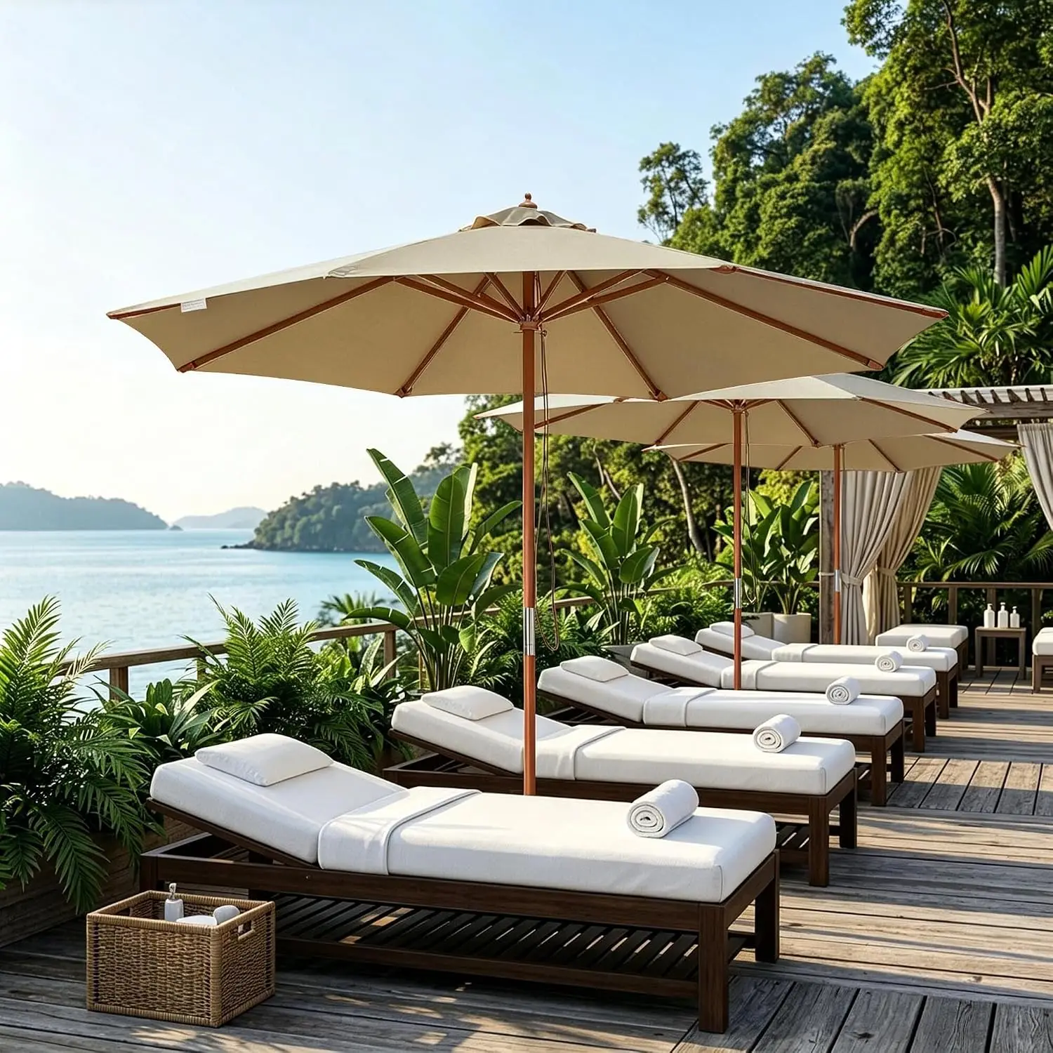 9FT Coastal Solid Wood Umbrella Pulley Lift Patio Canopy Shade Waterproof Sun Protection Deck Umbrella Base Included For Seaside Restaurant Poolside Beach Club Beer Garden Outdoor Yard