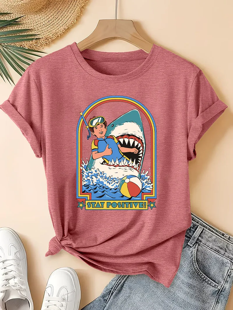 Women Stay Positive Retro Shark Graphic T-shirt O Neck Short Sleeve Vintage Cartoon Breathable Casual Summer Tops Tee
